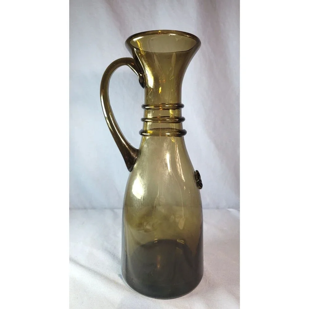 Italian Wine Decanter Vase Dark Smoke Colored Neck Rings 13.5''T VTG Italy Made